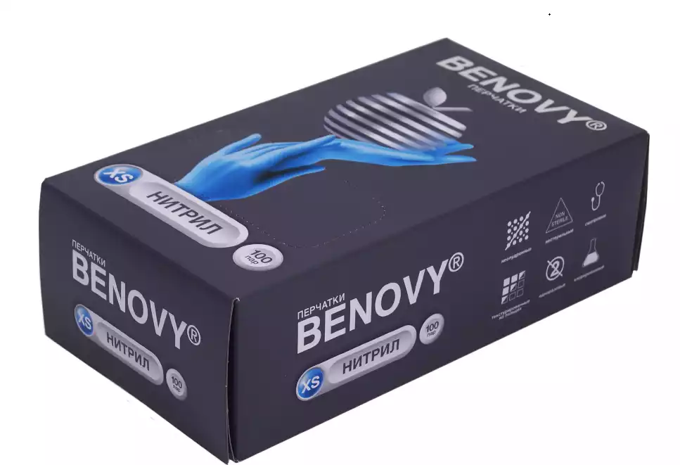 Перчатки смотровые н/с нитрил неопудр BENOVY с хлоринац.,манж. с валиком р.XS цвет голубой 100 пар