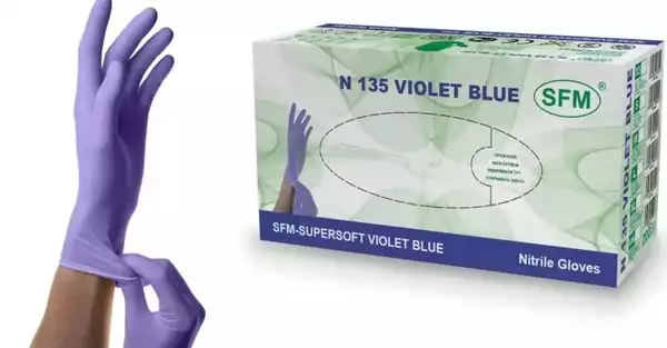 Перчатки смотр нестерильные нитриловые неопудренные SFM Supersoft 7 гр/пара, цвет фиолет-голуб, упаковка 100 пар размер M