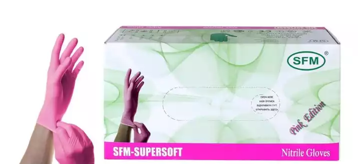 Перчатки смотр нестерильные нитриловые неопудренные SFM Supersoft 7 гр/пара, цвет розовый, упаковка 100 пар размер L