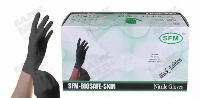 Перчатки смотр нестерильные нитриловые неопудренные SFM Supersoft 7,2 гр/пара, цвет черный, упаковка 100 пар размер M