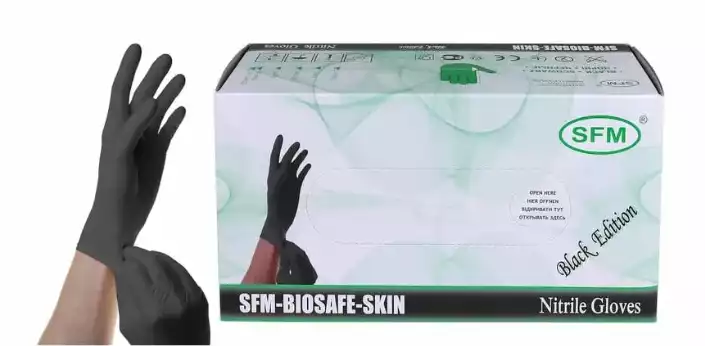 Перчатки смотр нестерильные нитриловые неопудренные SFM Supersoft 7,2 гр/пара, цвет черный, упаковка 100 пар размер L