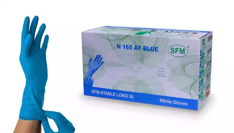 Перчатки нитриловые SFM STABLE LONG N 165 н/стер. УДЛИНЕННЫЕ неопудр. 13гр/пара, текстур. хлор. однокр. AF №50 пар /СИНИЙ, XS