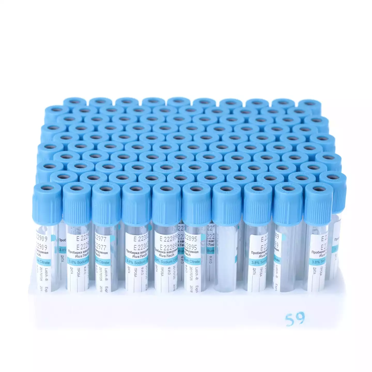 Пробирка вакуумная RusTech, объем 4,5мл, Цитрат 3,8%, размер 13*75мм, цвет голубой