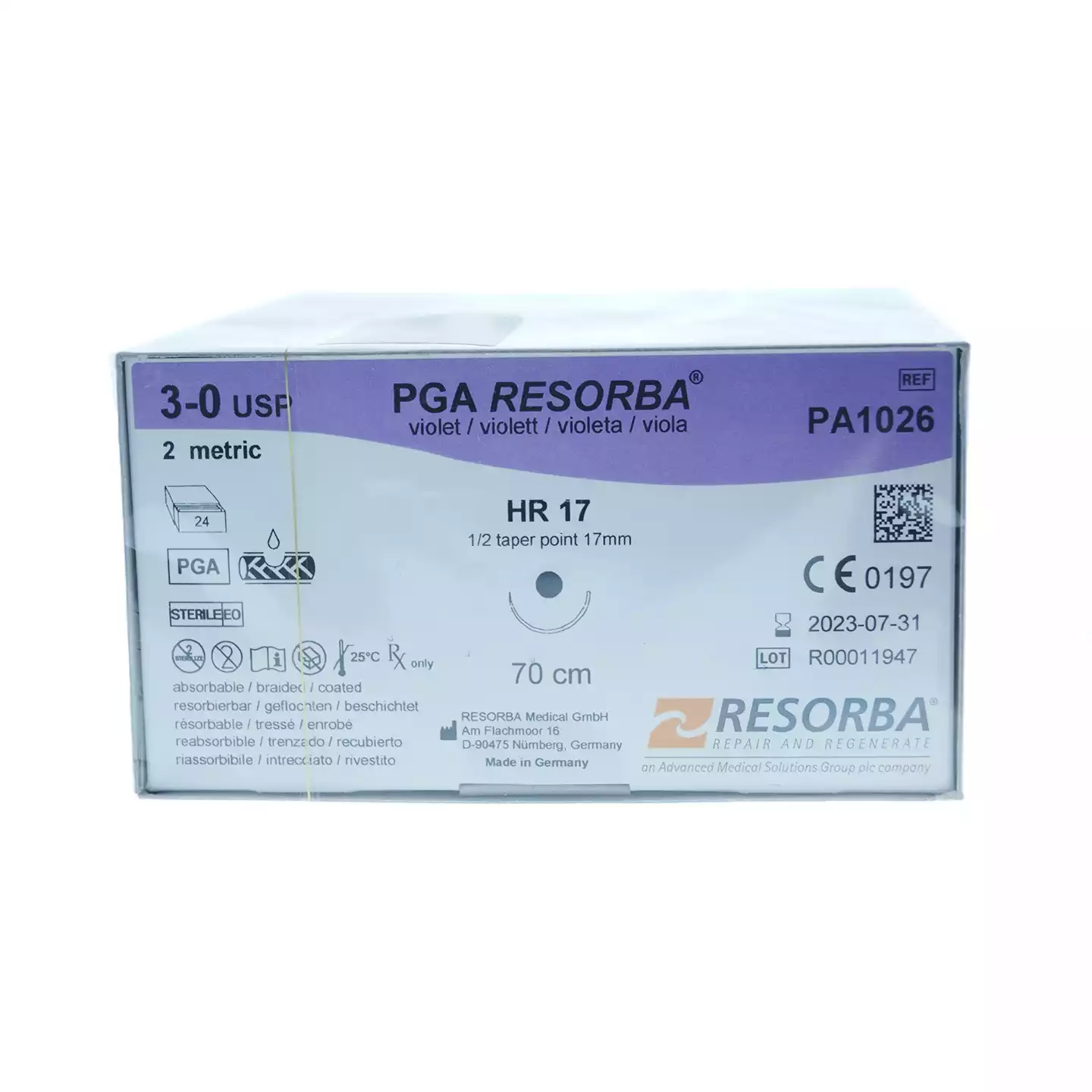 ПГА (PGA) нить полигликолидная плетеная с покрытием, фиолетовая PGA RESORBA USP 3-0 (МР2), длина нити 70см, игла колющая 17мм, изгиб 1,2 окружности, упаковка 24 шт